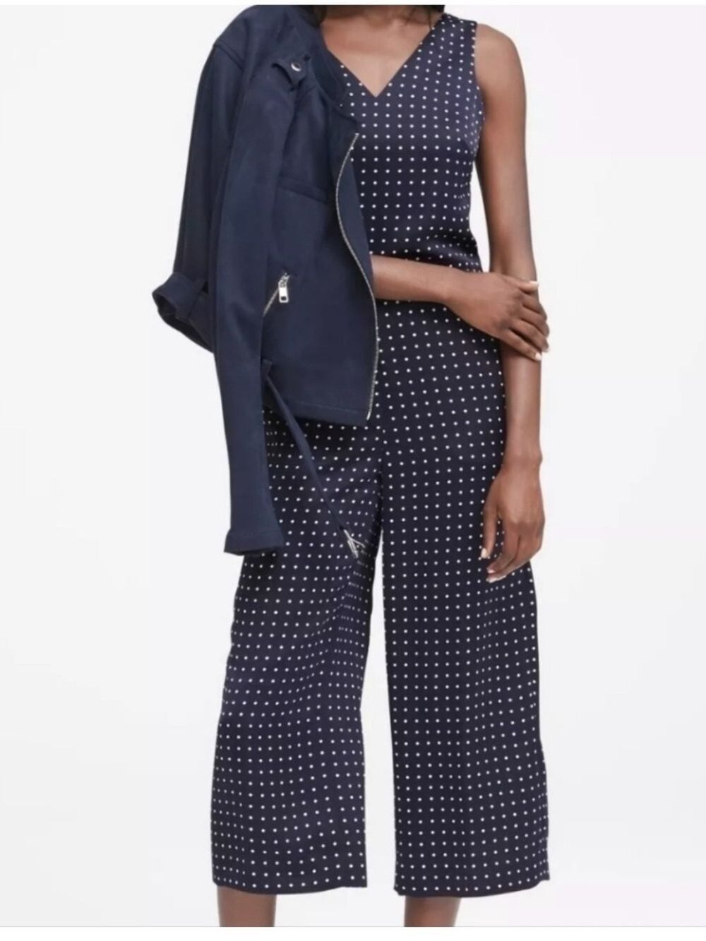 Banana Republic Navy Polka Dot Twist Back  Jumpsuit V Neck Mid Calf, size 8